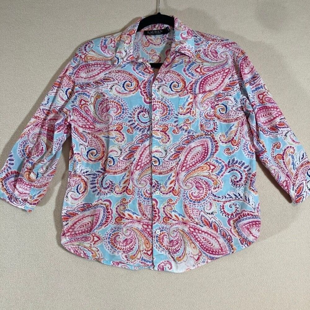 Lauren Ralph Lauren Black Label Sleepwear Top Sz Sm Bright Paisley Full Button‎
